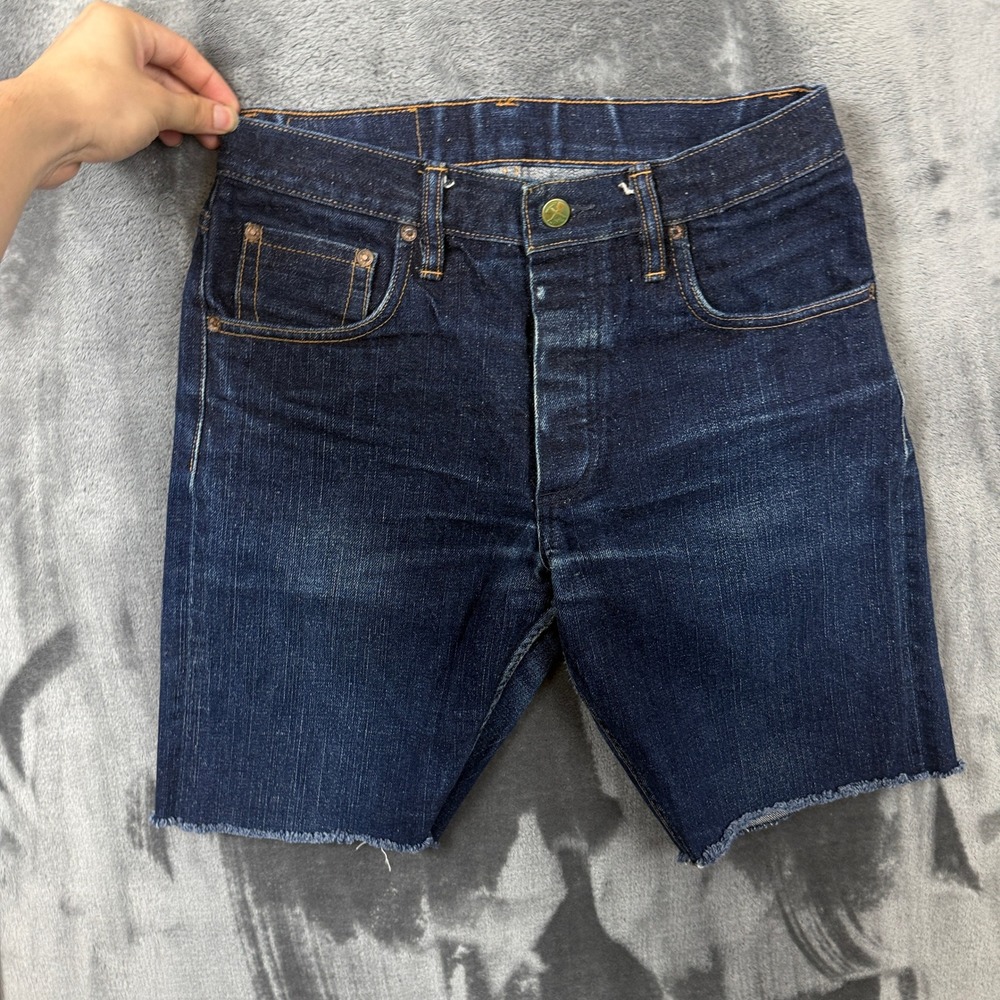 Left Field NYC Denim Shorts Mens 31 Blue Raw Hem Button Fly Bandana Pocket Bags